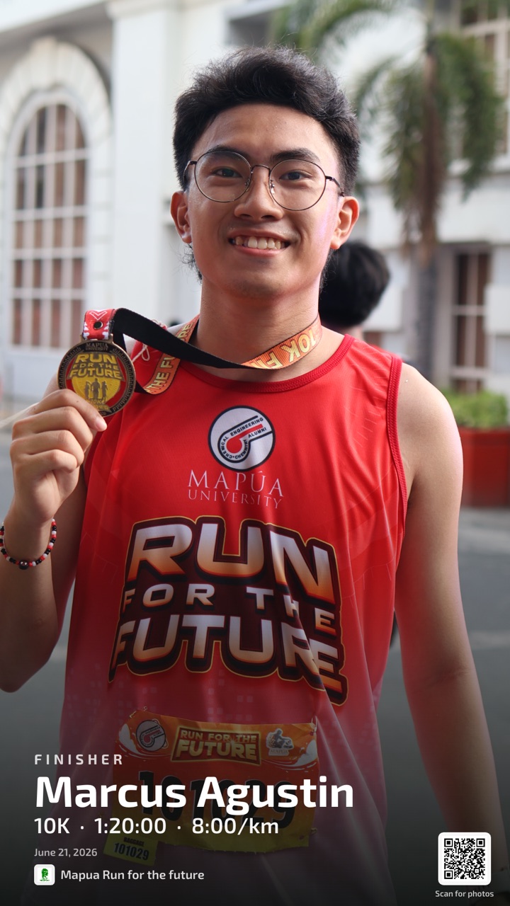 A MomentPing finisher card: a race photo with the runner's name, finish time, and pace, ready to share